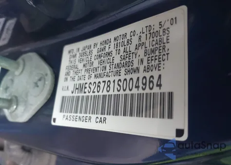 2001 Honda Civic Ex из США, поврежденный, VIN JHMES26781S004964